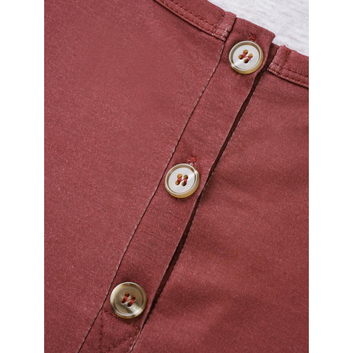 Plus Size Striped Print Raglan Sleeve Button Up T-shirt Burgundy Women Casual Contrast Striped Round Neck Everyday T-shirts BloomChic 26/4X Product Image