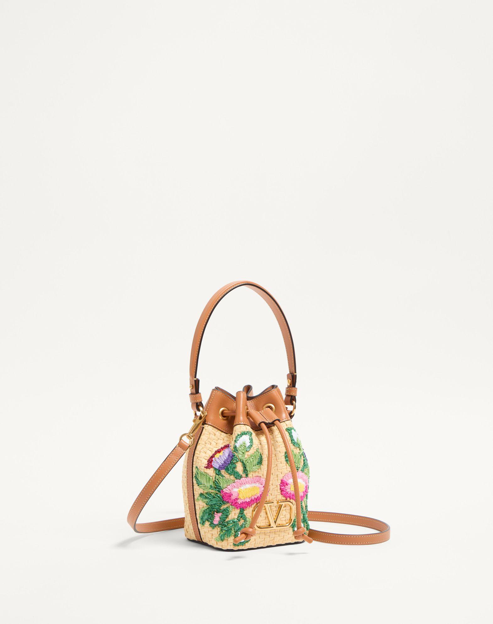 Vlogo Signature Mini Bucket Bag In Raffia With Floral Embroidery Product Image