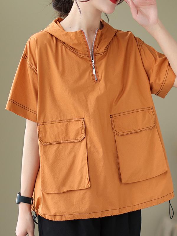Loose Short Sleeves Zipper Hooded T-Shirts Tops Product Image