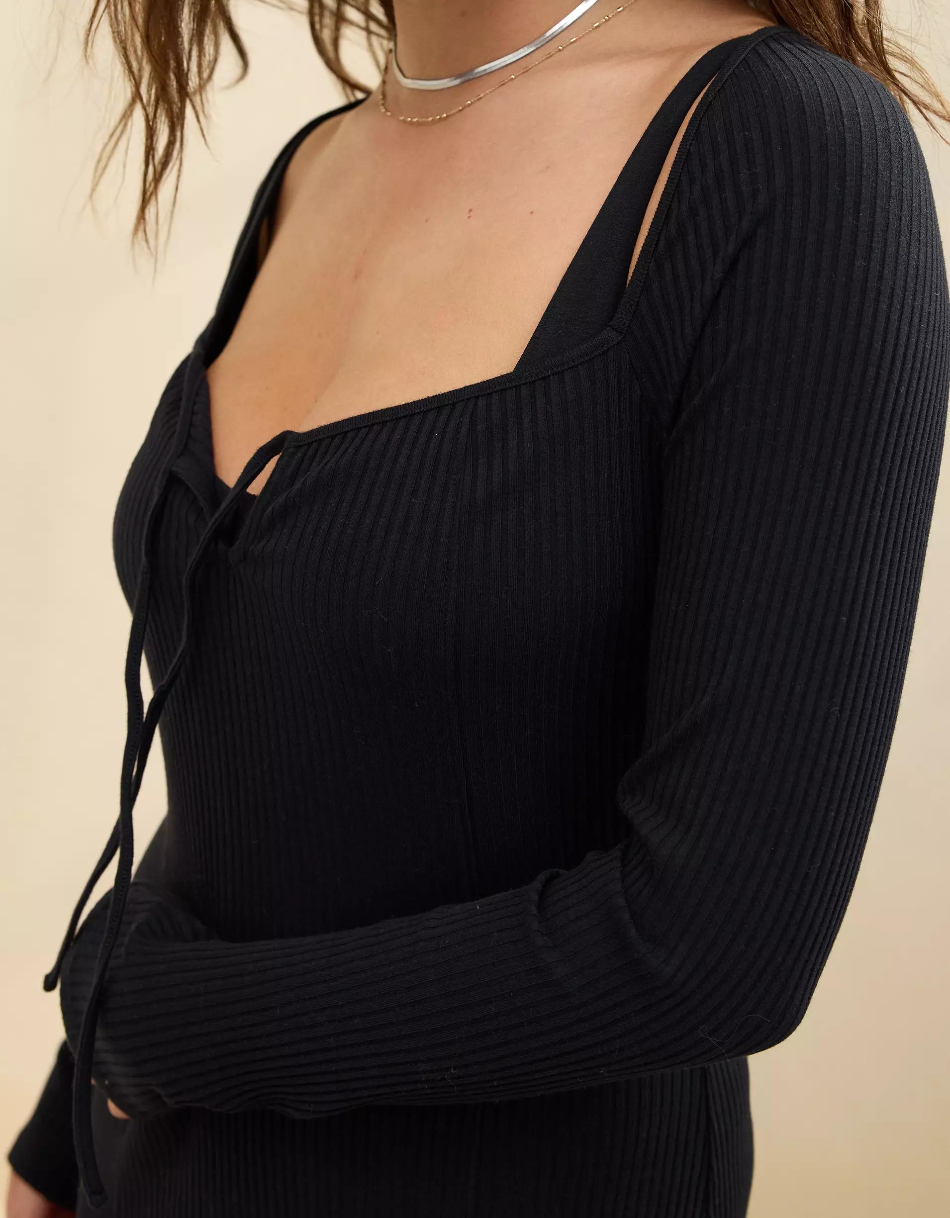 Aerie Long Sleeve Knit Tie Front Maxi Dress Product Image