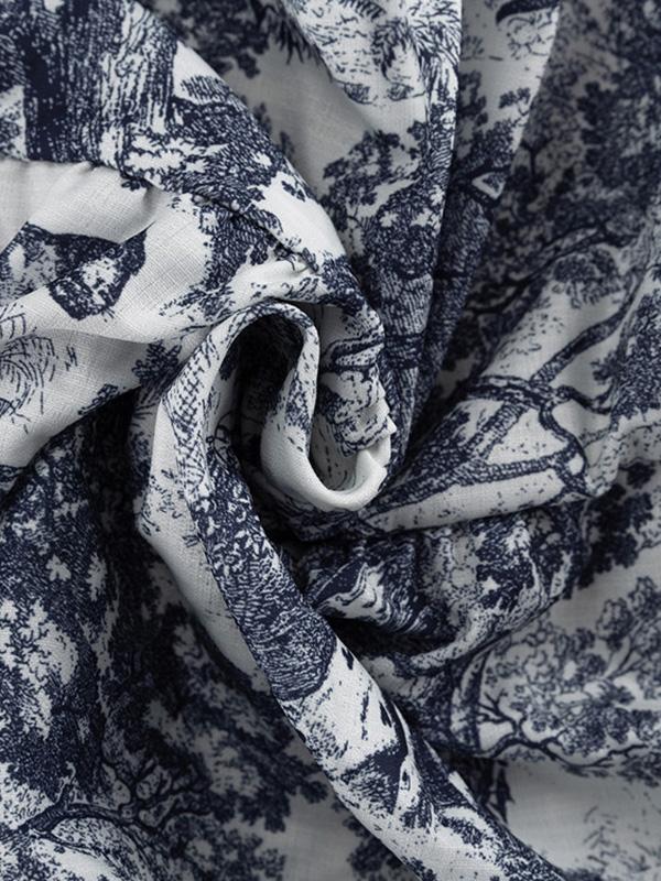 Loose Puff Sleeves Pleated Printed Split-Joint Tied Waist Lapel Mini Dresses Shirt Dress Product Image