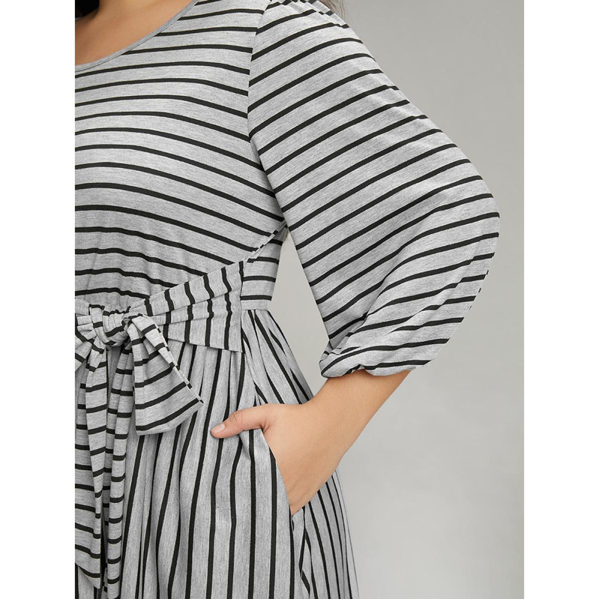Plus Size Striped Ties Lantern Sleeve Curved Hem Dress Gray Women Casual Elastic cuffs Round Neck Elbow-length sleeve Curvy Midi Dress BloomChic 18-20/2X Product Image