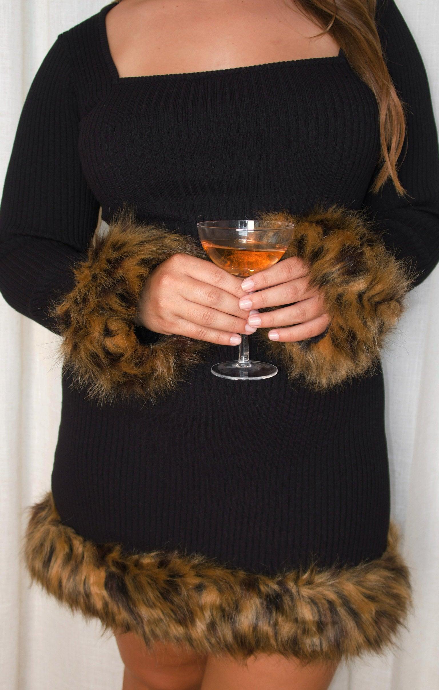 Francine Mini Dress ~ Black Knit with Faux Fur Product Image