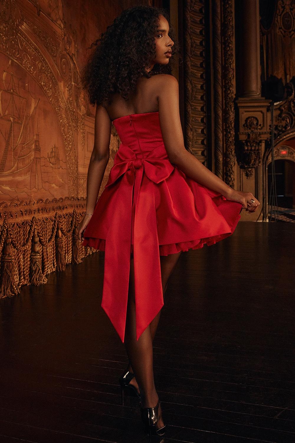 Salome  holly red satin detachable bow mini dress Product Image