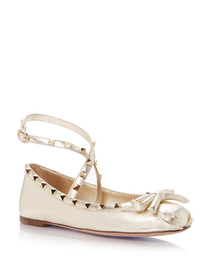 Womens Rockstud Laminated Nappa Leather Ballerina Flats Product Image