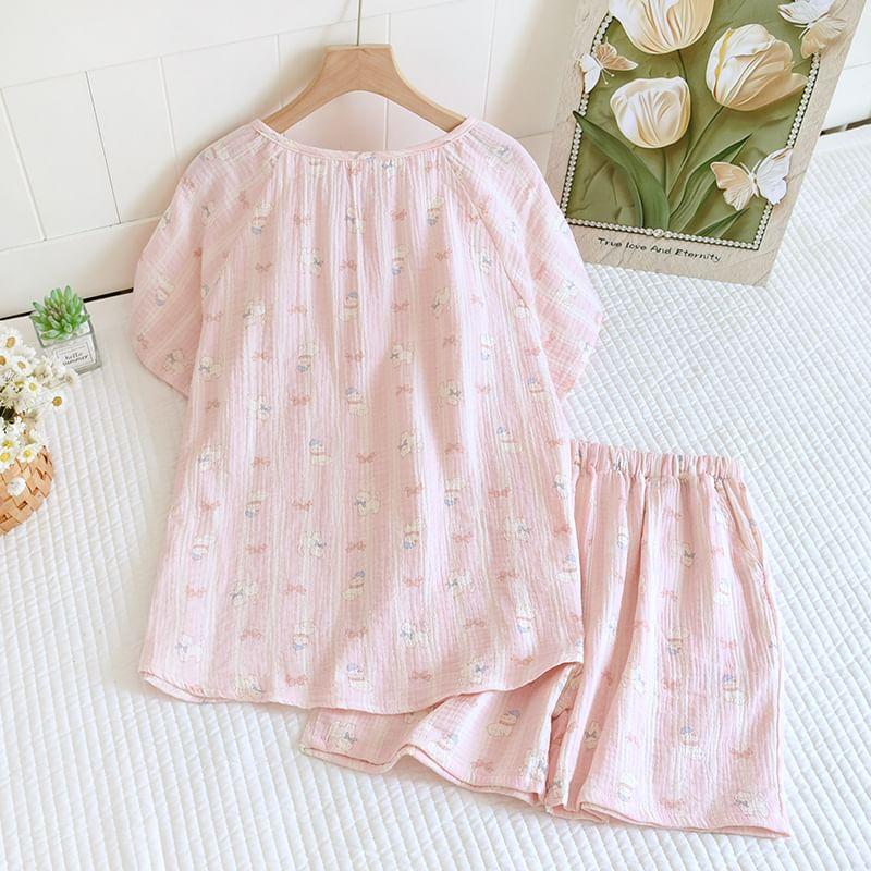 Pajama Set: Short-Sleeve Half Buttoned Print Top + Shorts Product Image
