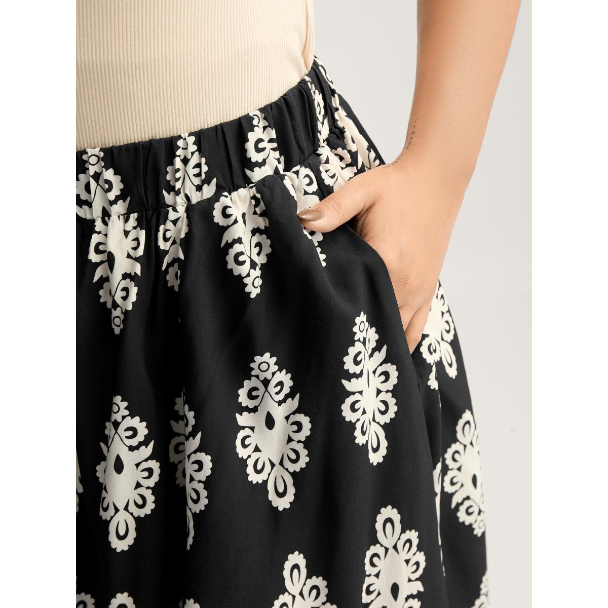 Plus Size Boho Print A-Line Midi Skirt Women BlackFlower Loose No stretch Side seam pocket Everyday-Casual Skirts BloomChic 12/L Product Image