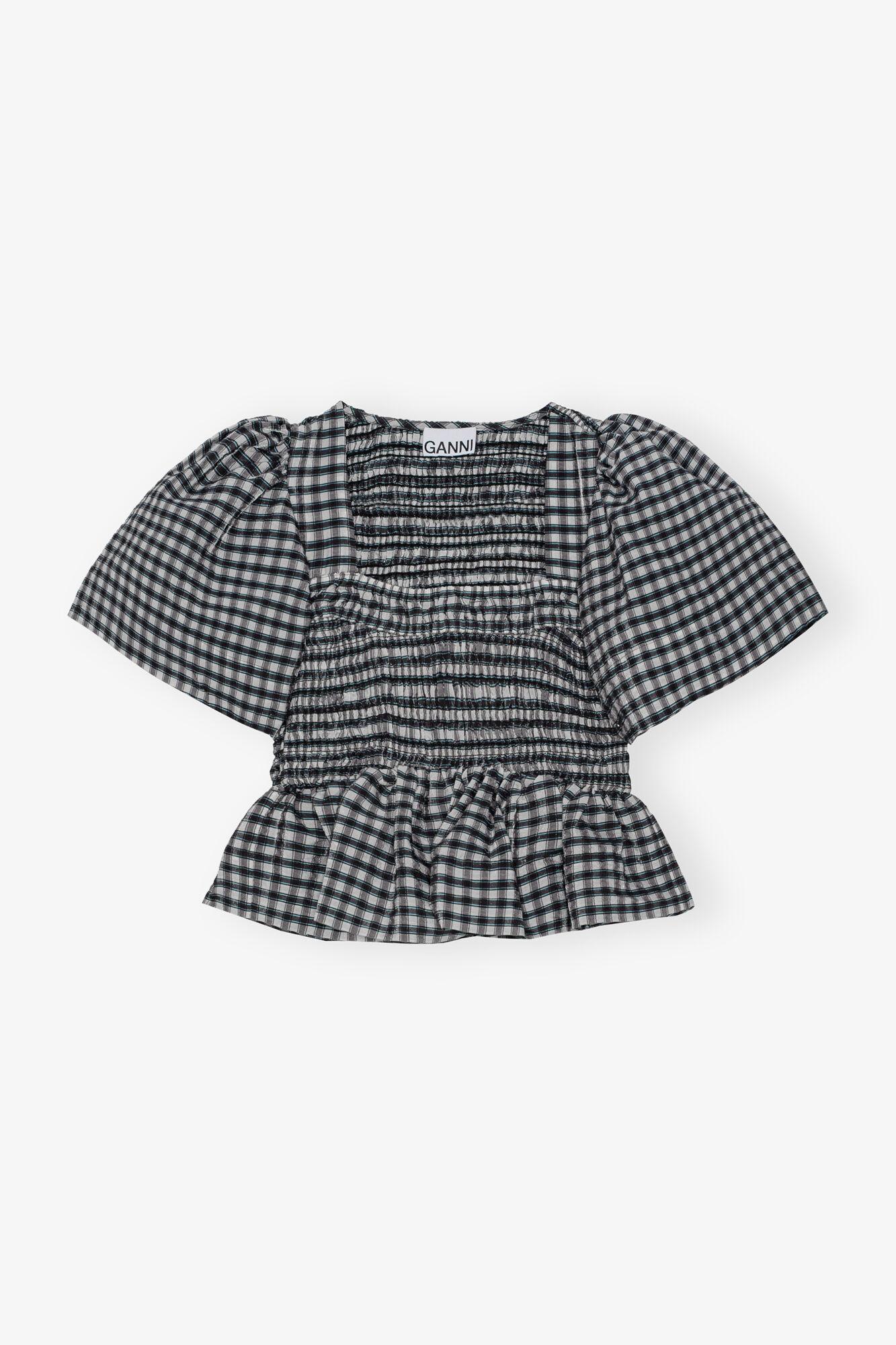 Seersucker Check Open-neck Smock Blouse Product Image