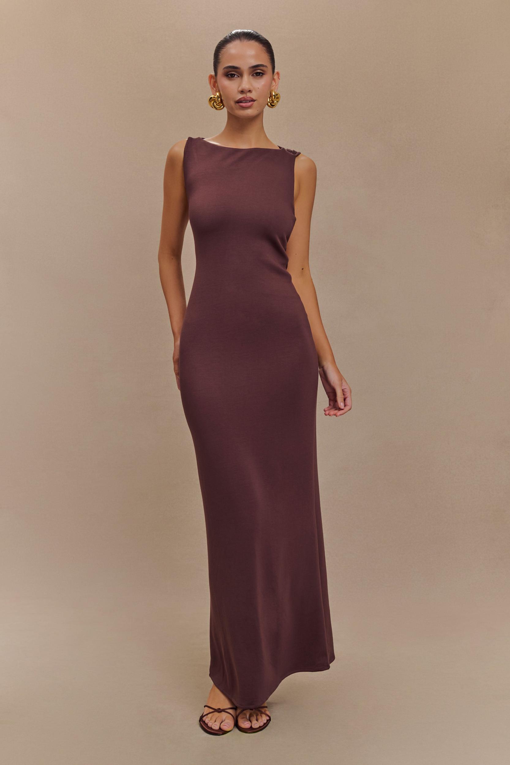 Catelyn Asymmetrical Scuba Jersey Midi Dress - Cacao Brown Product Image