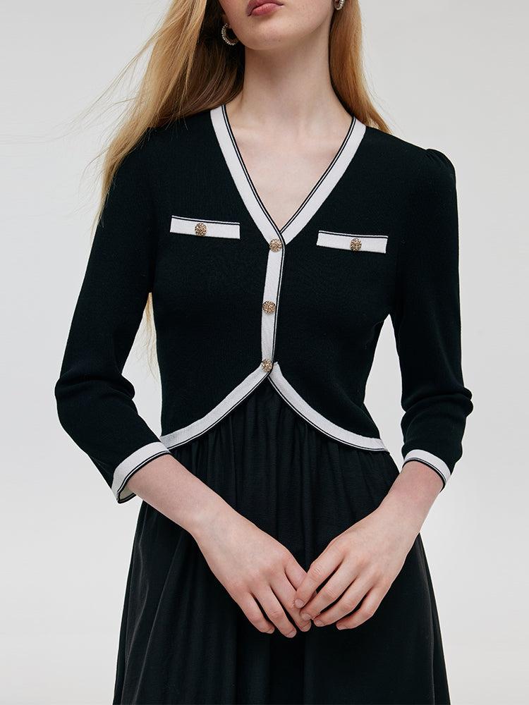 Contrast Trim Knitted Patchwork Women Midi Dress Product Image