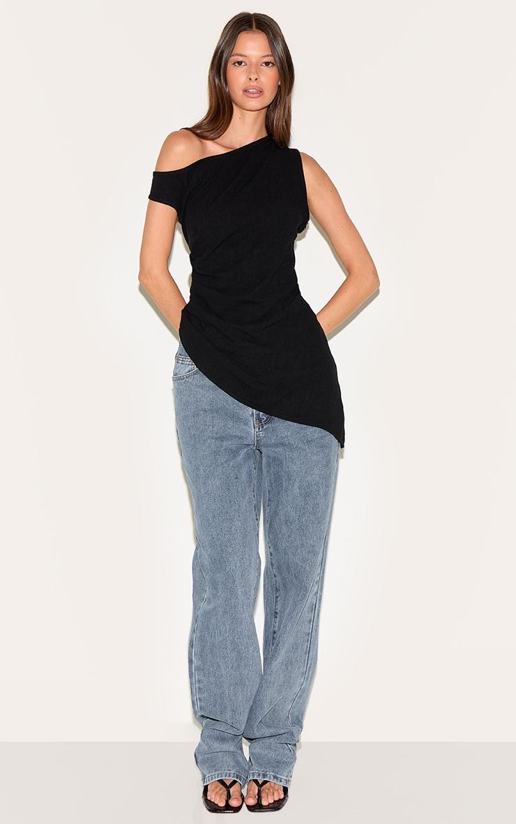 Black Linen Look One Shoulder Asymmetric Top Product Image
