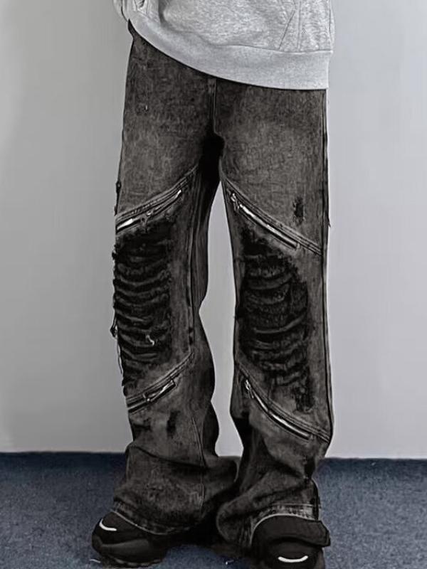 Men's Vintage Ripped Zip Up Loose Jeans Product Image