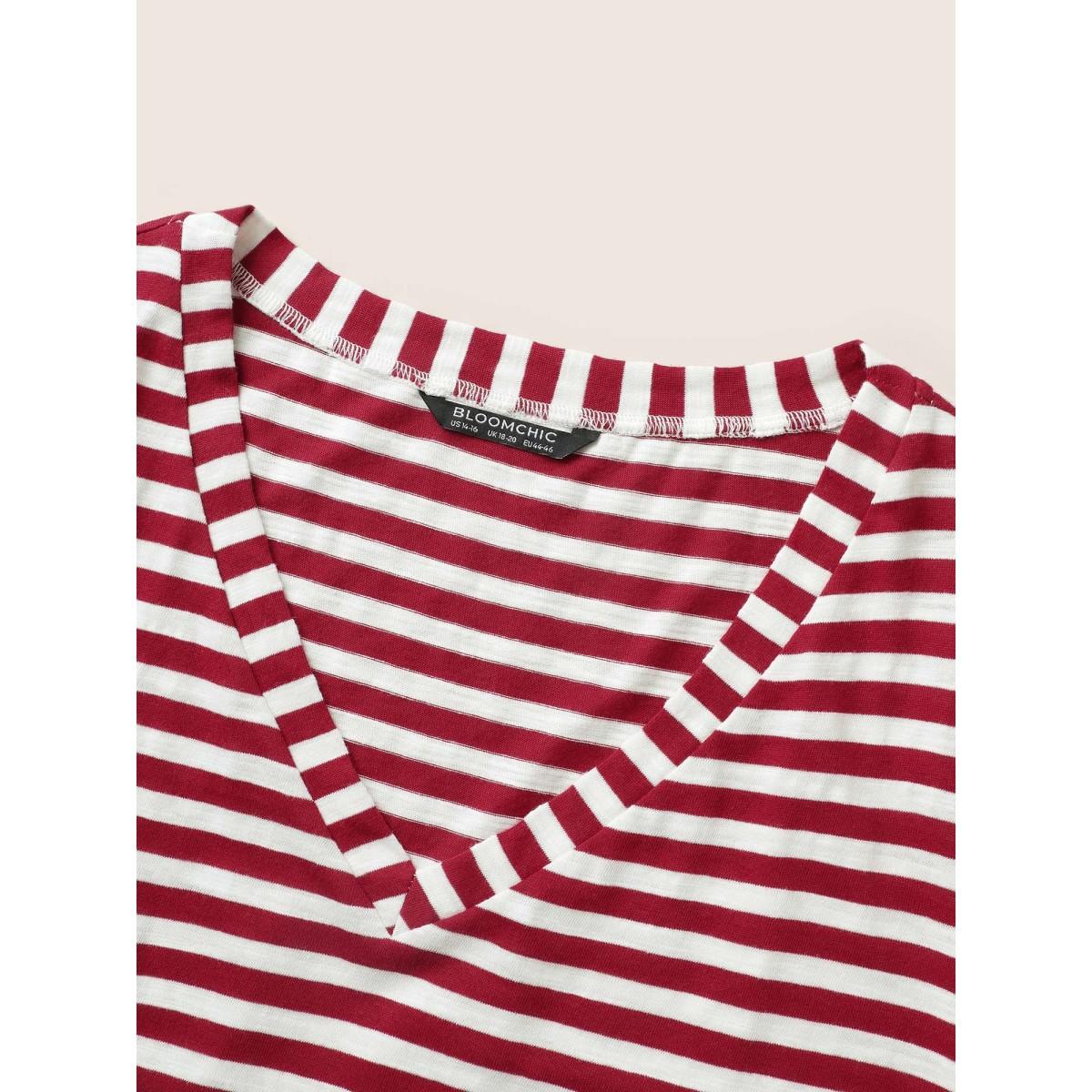 Plus Size Cotton Contrast Striped V Neck T-shirt Scarlet Women Casual Contrast Striped V-neck Everyday T-shirts BloomChic 28/5X Product Image