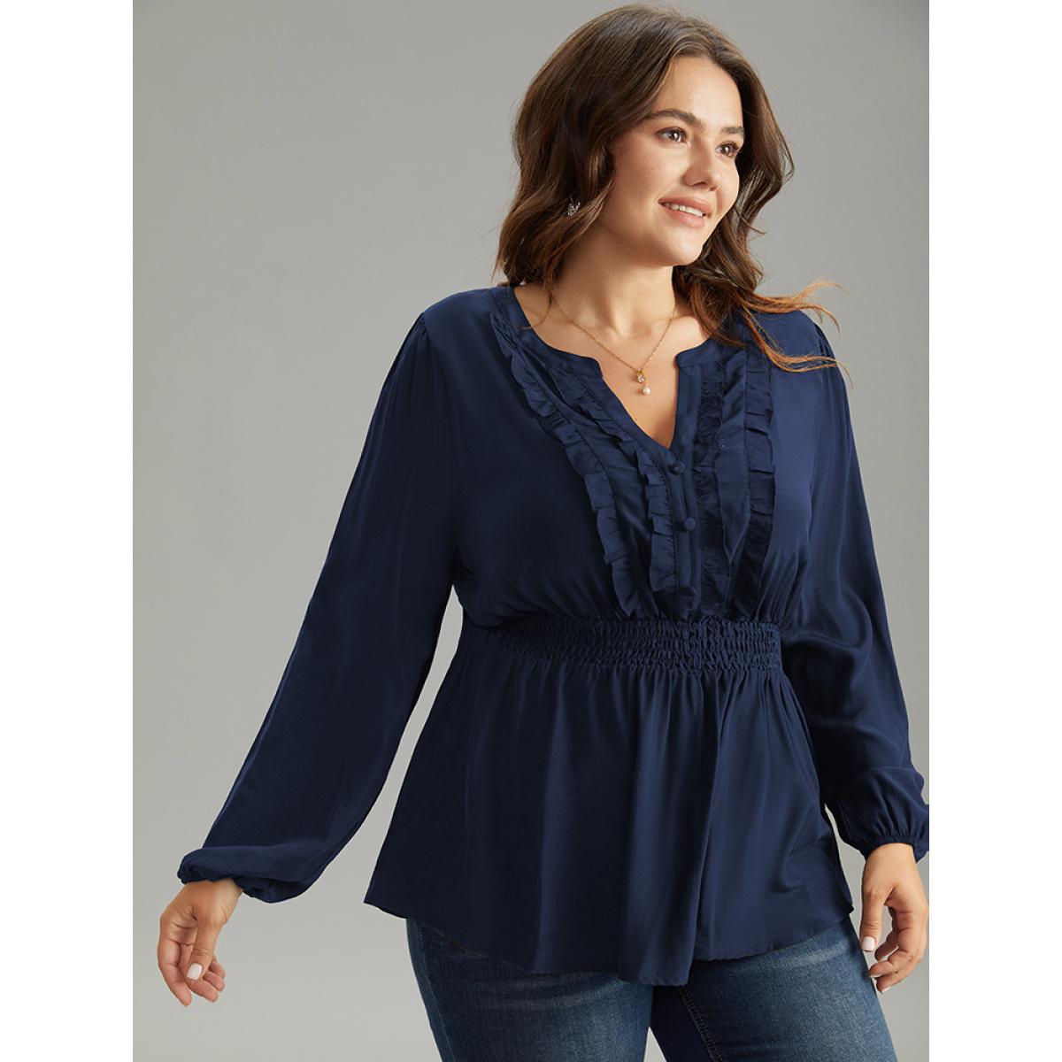 Plus Size Indigo Solid Frill Trim Shirred Flutter Hem Blouse Women Elegant Long Sleeve Notched collar Dailywear Blouses BloomChic 18-20/2X Product Image