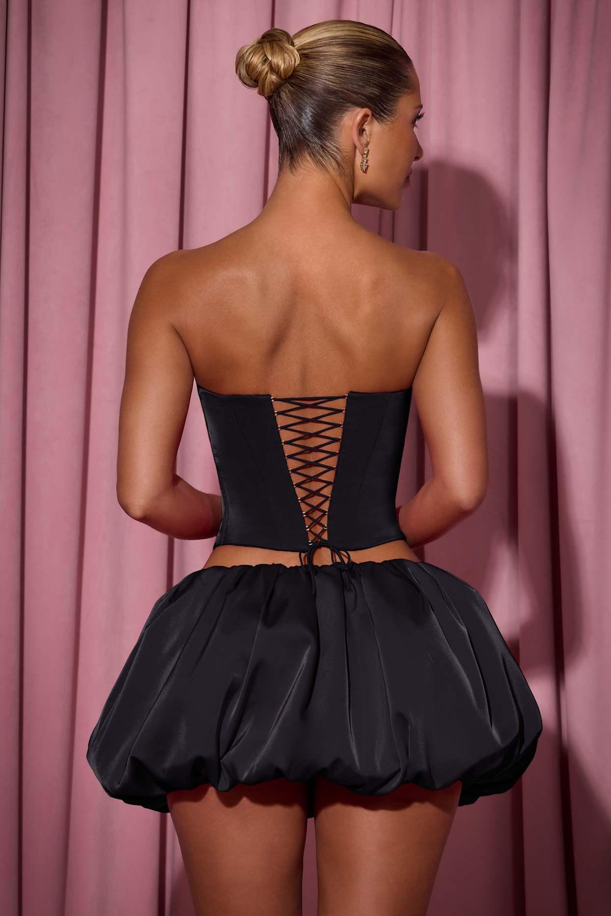 Embellished Heart Cut-Out Strapless Corset Top in Black Product Image