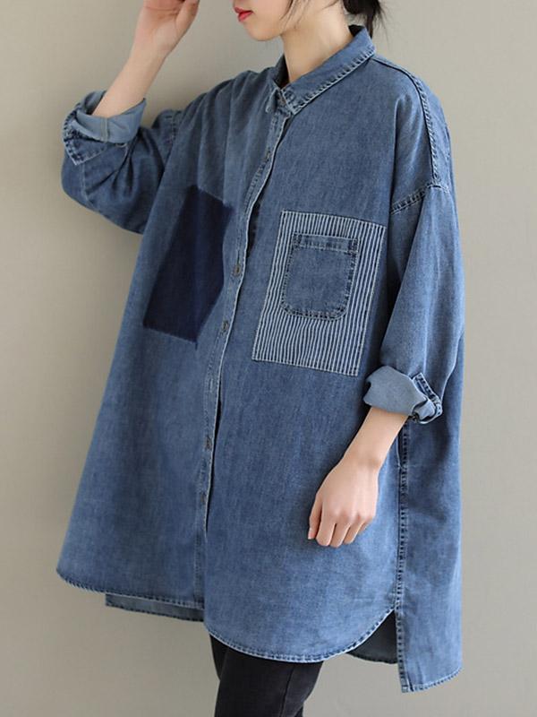 High-Low Long Sleeves Asymmetric Buttoned Pockets Split-Joint Lapel Blouses&Shirts Tops Product Image