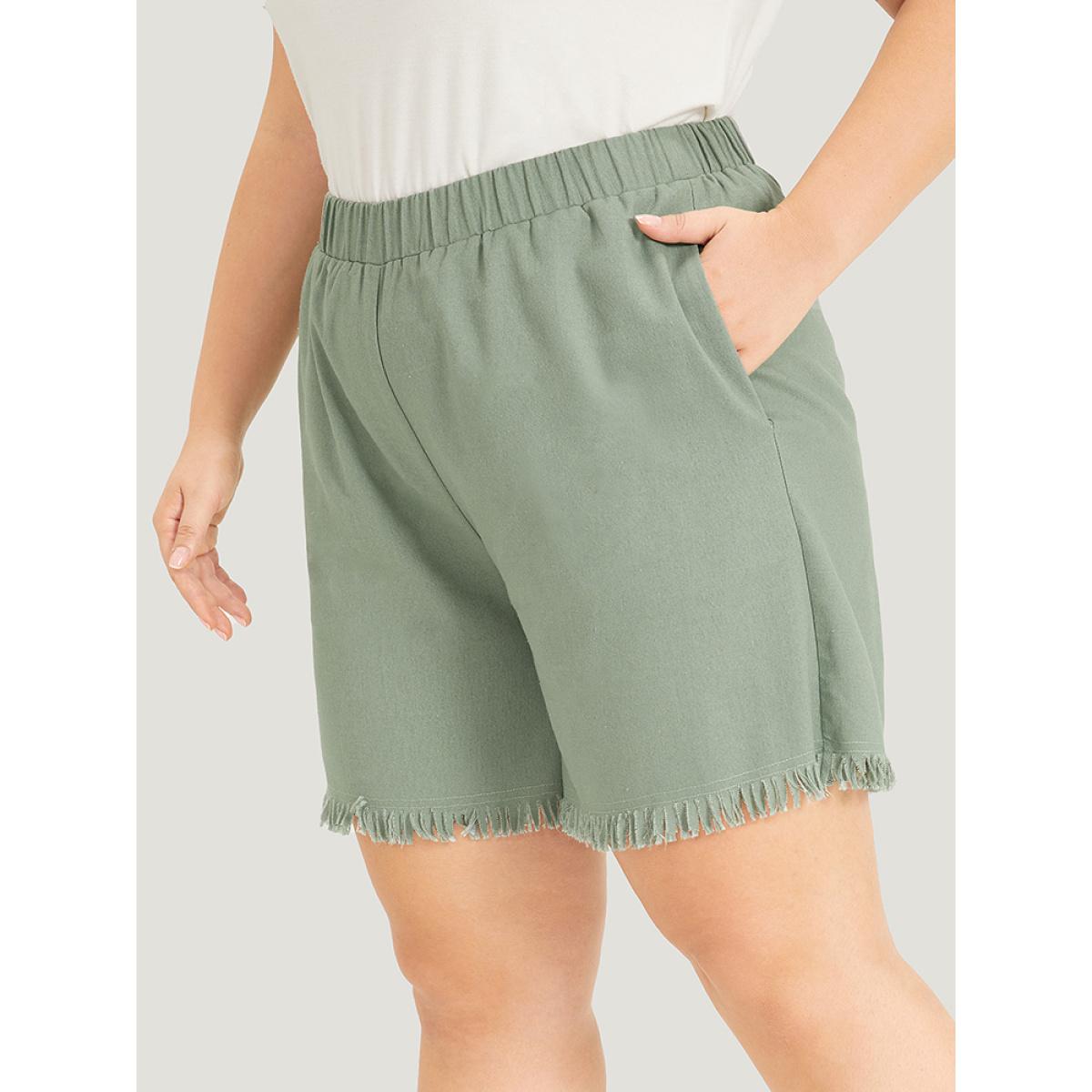 Plus Size Solid Pocket Raw Edges Elastic Waist Shorts Women Mint Casual Plain Dailywear Shorts BloomChic 22-24/3X Product Image