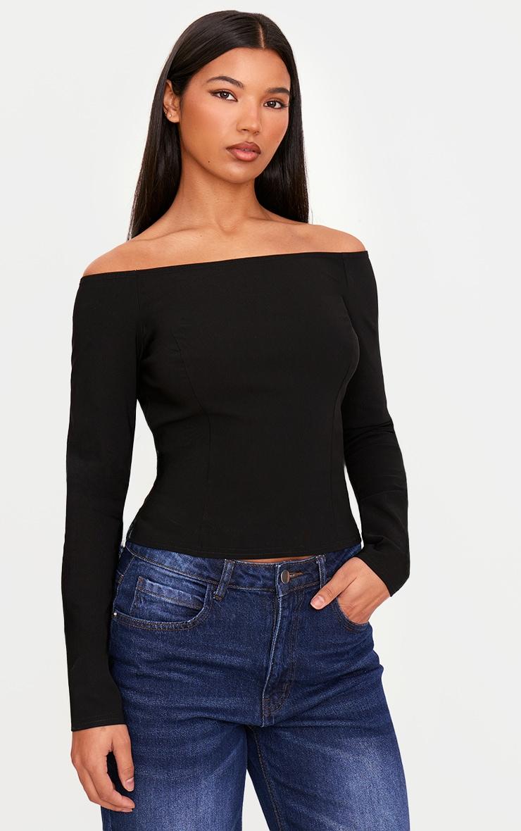 Black Bengaline Boatneck Long Sleeve Top Product Image