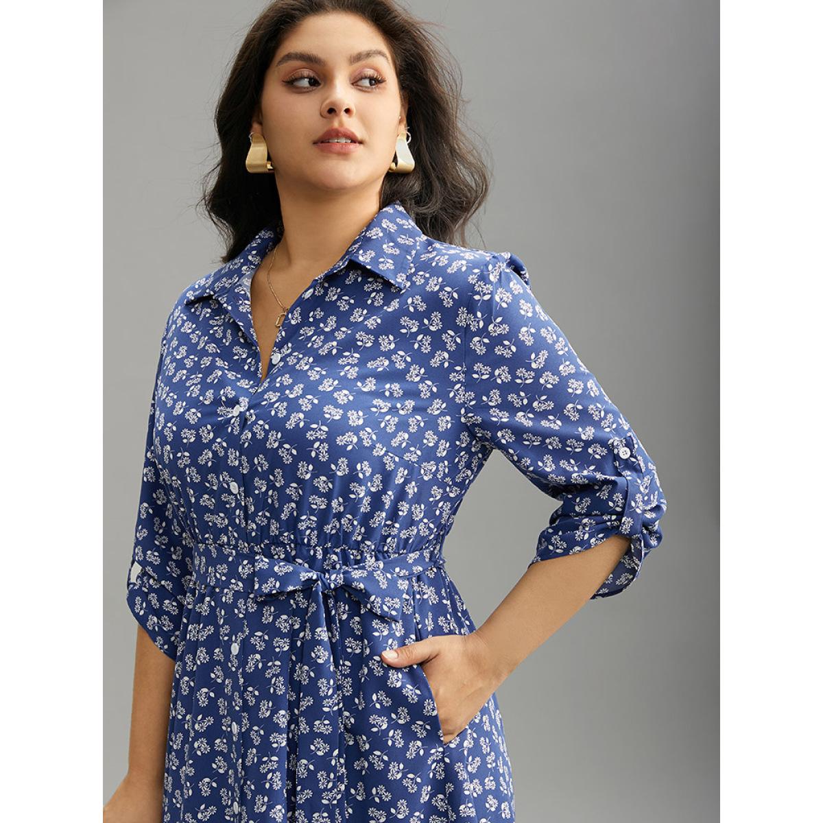 Plus Size Ditsy Floral Belted Button Through Tab Sleeve Dress Aegean Women Office Belted Shirt collar Elbow-length sleeve Curvy Midi Dress BloomChic 14-16/1X Product Image