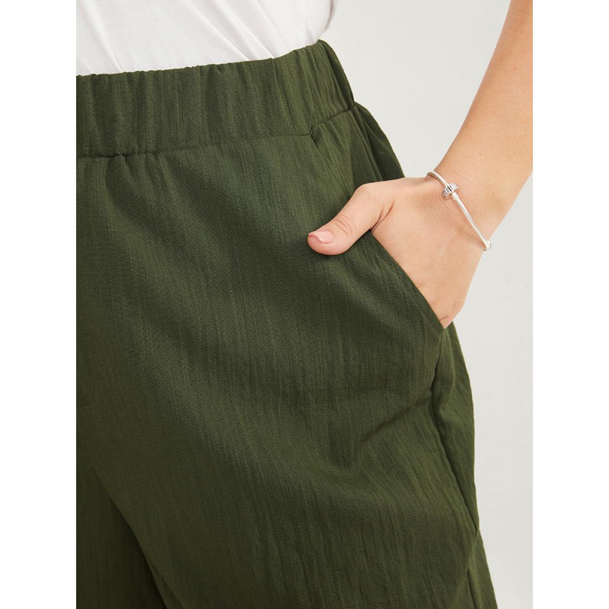 Plus Size Solid Elastic Waist Button Detail Pocket Loose Pants Women ArmyGreen Casual Loose High Rise Office Pants BloomChic 10/M Product Image