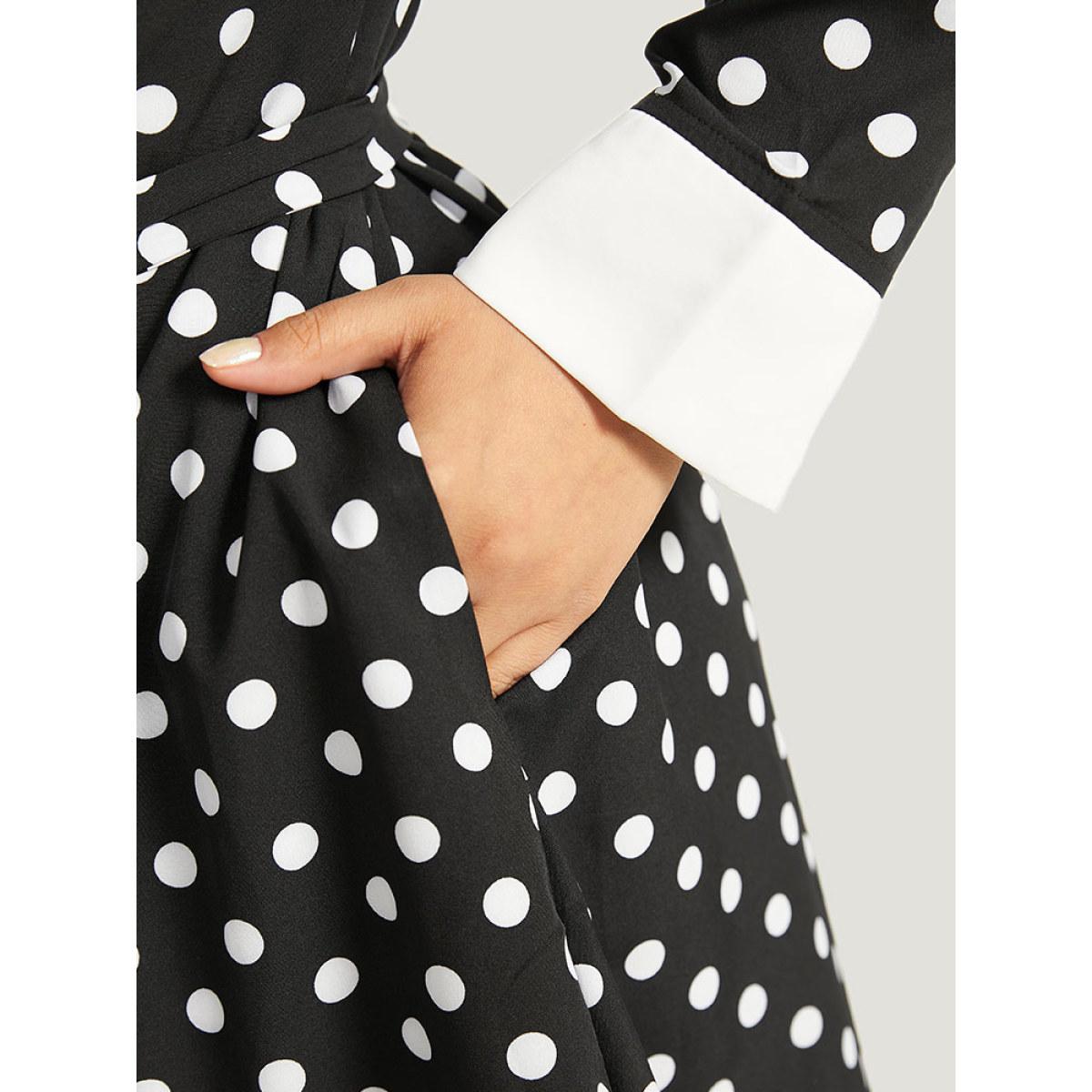 Plus Size Halloween Polka Dot Shirt Collar Button Up Belted Dress Black Women Office Belted Shirt collar Long Sleeve Curvy Midi Dress BloomChic 26/4X Product Image