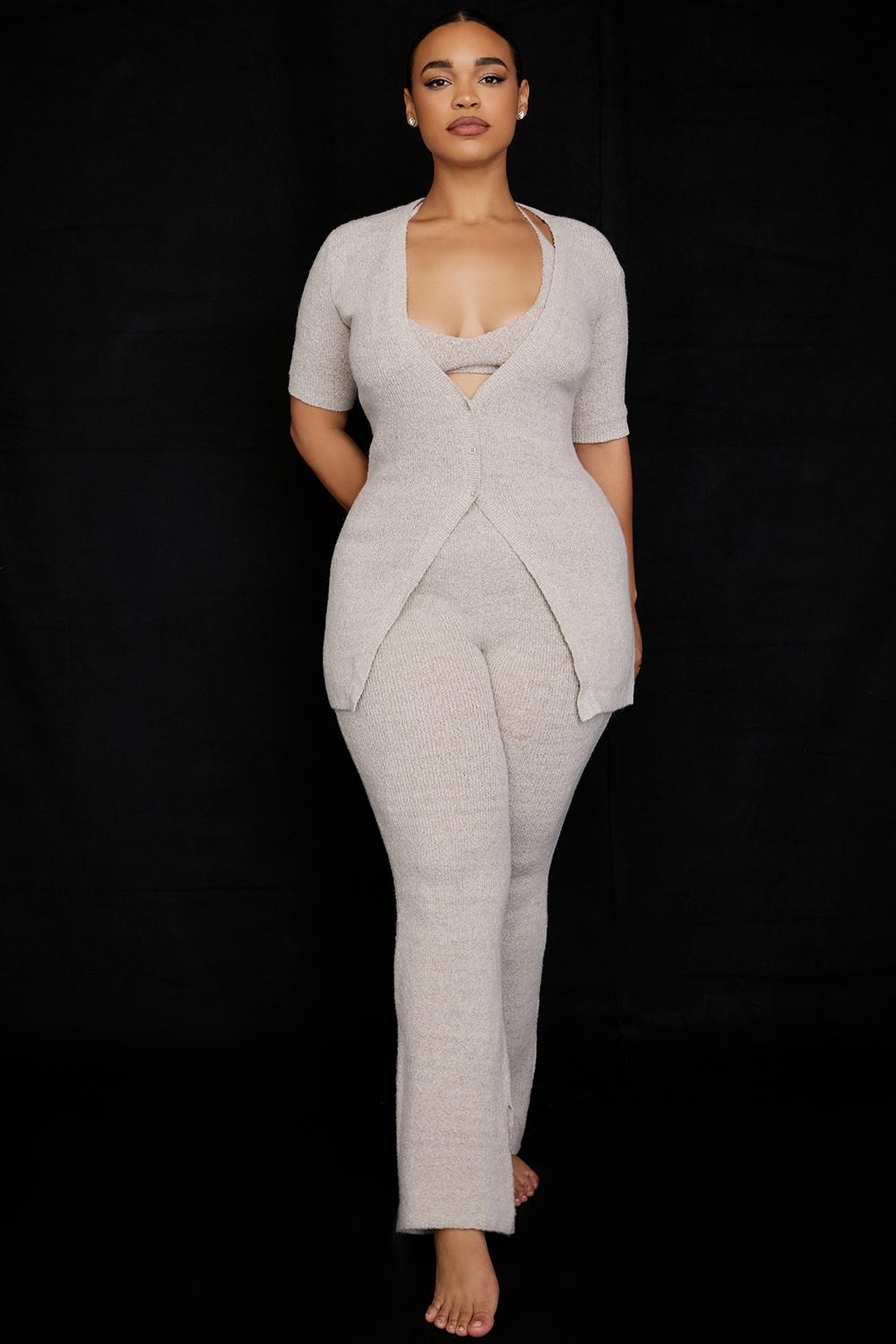 Raven  oatmeal ribbed knit flared trousers - sale Product Image