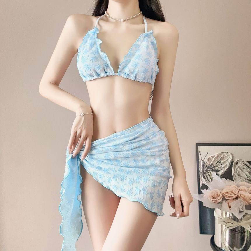 Set: Halter Patterned Frill Bikini Top + Bottom + Long Sleeve Cover Up Top + Cover Up Skirt Product Image