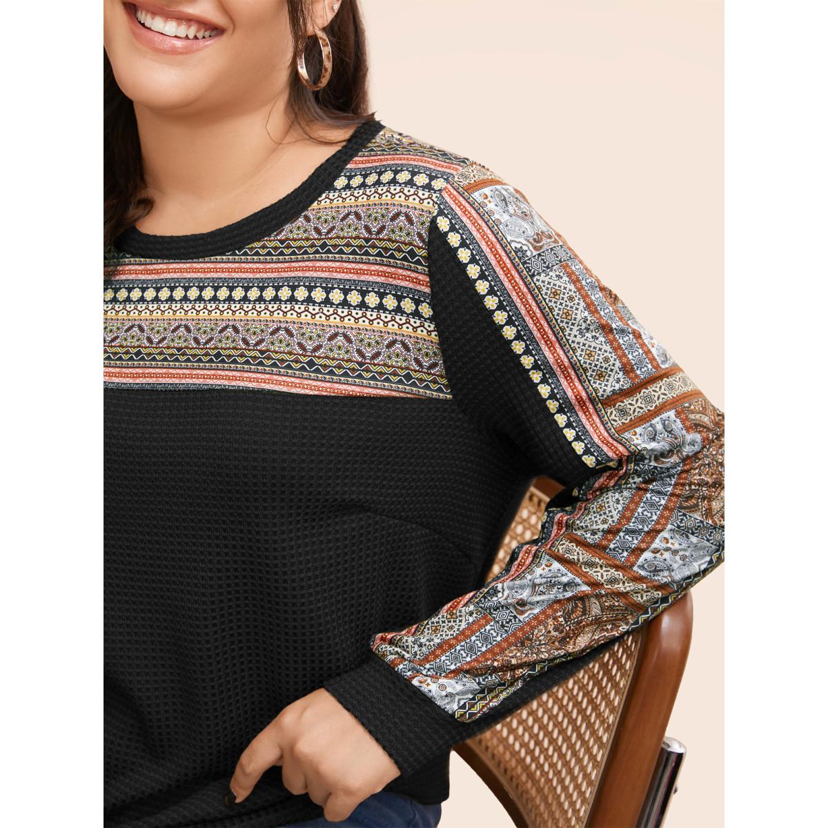 Plus Size Boho Print Patchwork Waffle Knit Crew Neck Sweatshirt Women Black Leisure Elastic cuffs Round Neck Casual Sweatshirts BloomChic 10/M Product Image