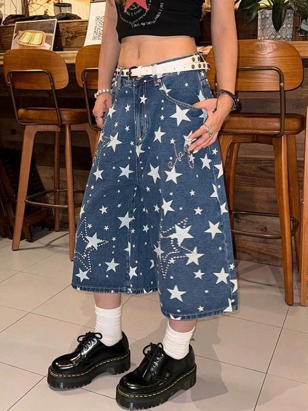 American Retro Five-Pointed Star Rhinestone Denim Shorts Product Image