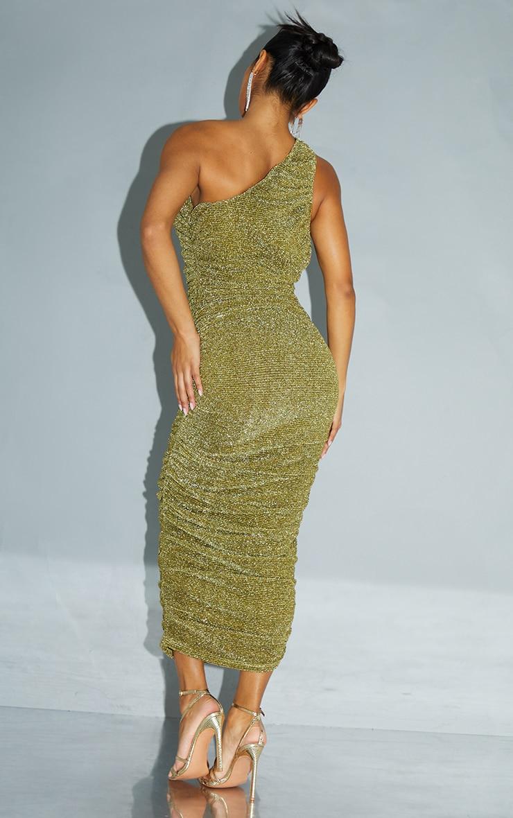 Gold Glitter Plisse Ruched One Shoulder Midi Dress Product Image