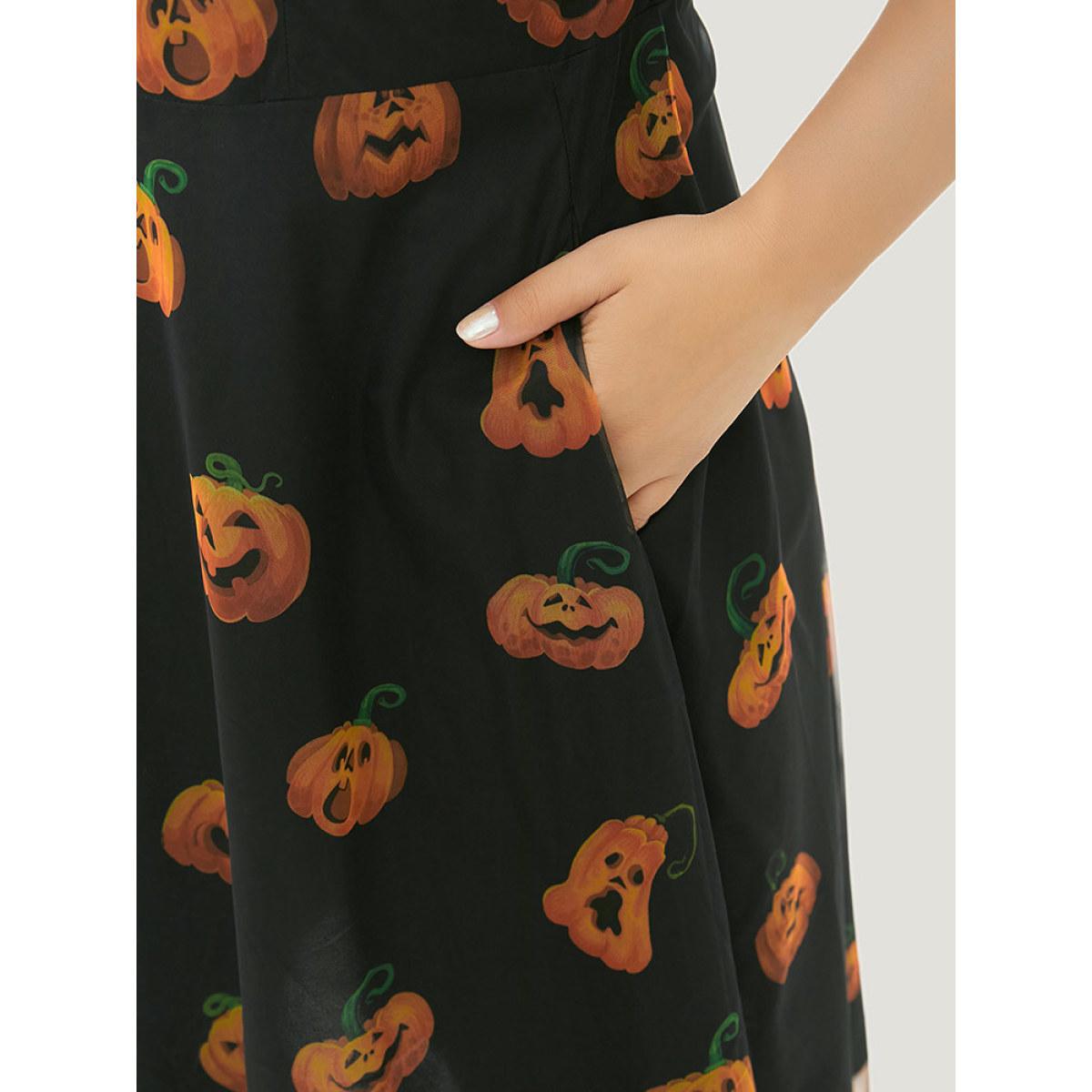 Plus Size Halloween Pumpkin Print Mesh Patchwork Tank Dress BlackFlower Women Elegant See through Round Neck Sleeveless Curvy Midi Dress BloomChic 10/M Product Image