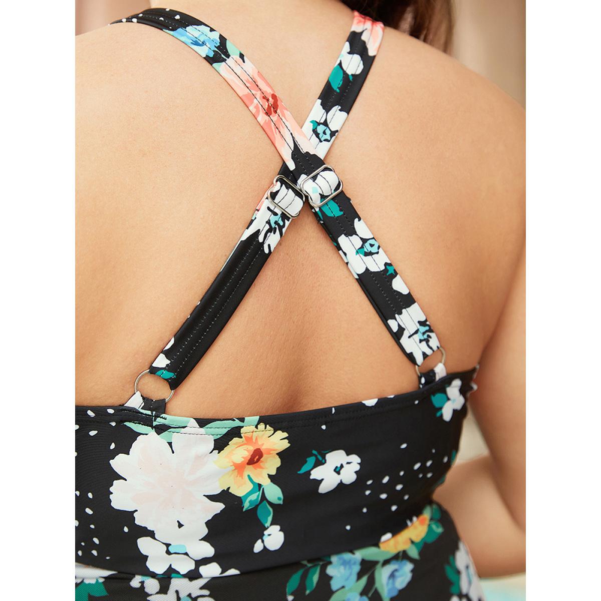 Plus Size Floral Wrap Knot Front Mesh Ruffle Hem Swim Dress Women's Swimwear BlackFlower Vacation Bodycon V-neck High stretch Curve Swim Dresses BloomChic 12/L Product Image