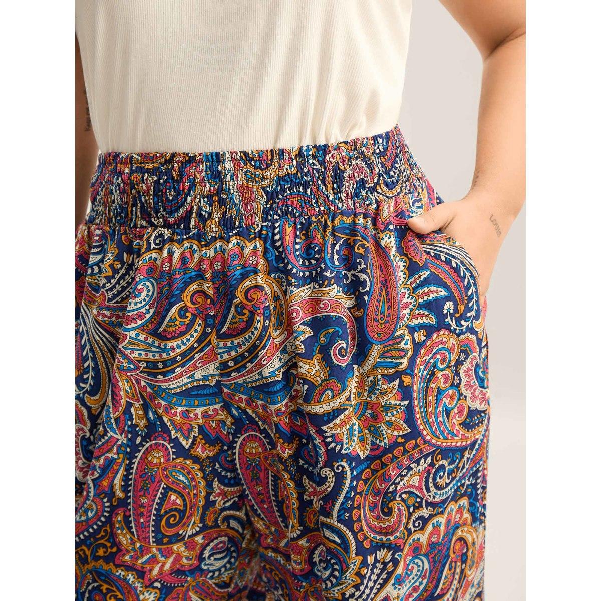 Plus Size Paisley Print Shirred Waist Jogger Pants Women Indigo Boho Bodycon Mid Rise Vacation Pants BloomChic 14-16/1X Product Image