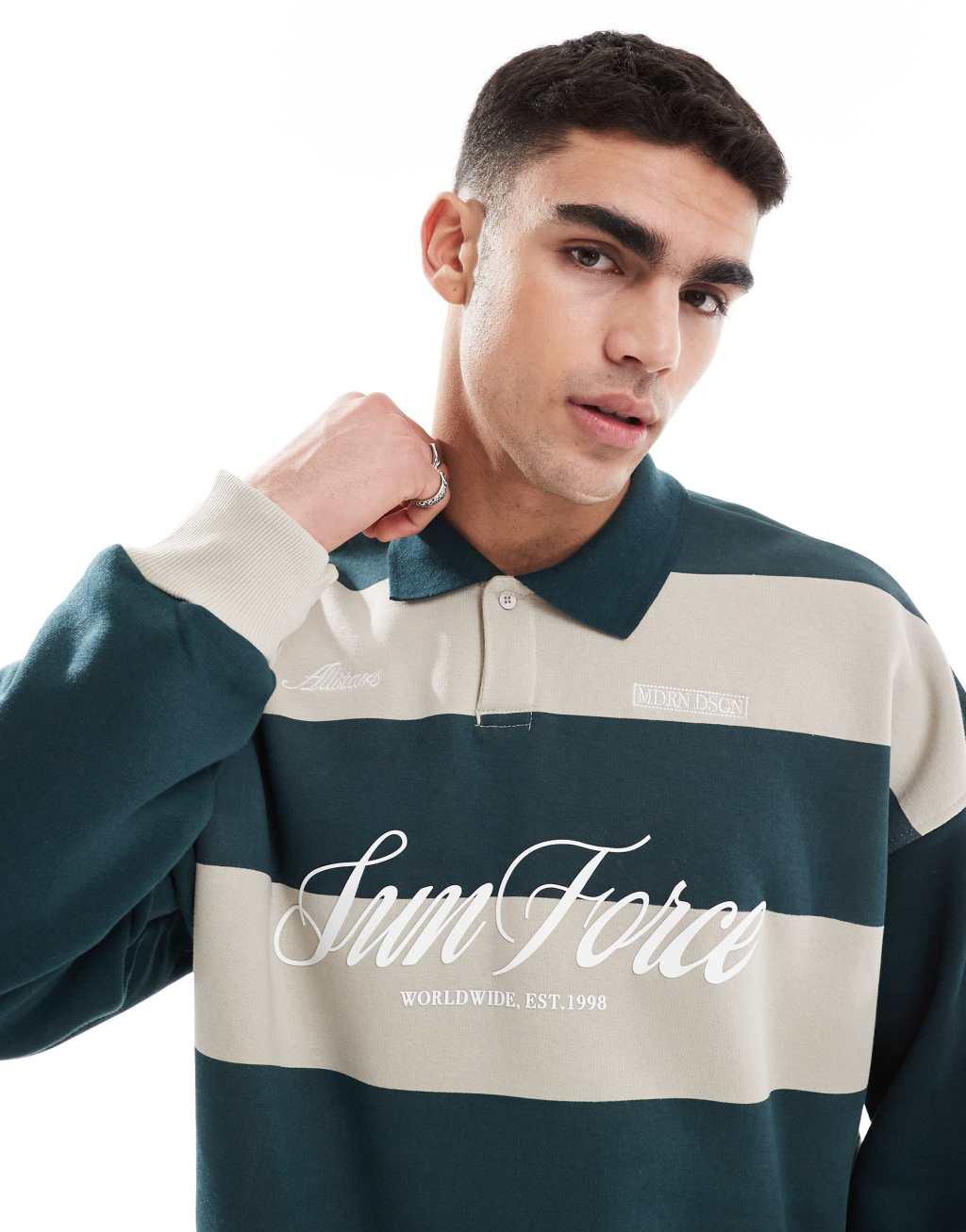 Bershka striped rugby sweatshirt in green Product Image