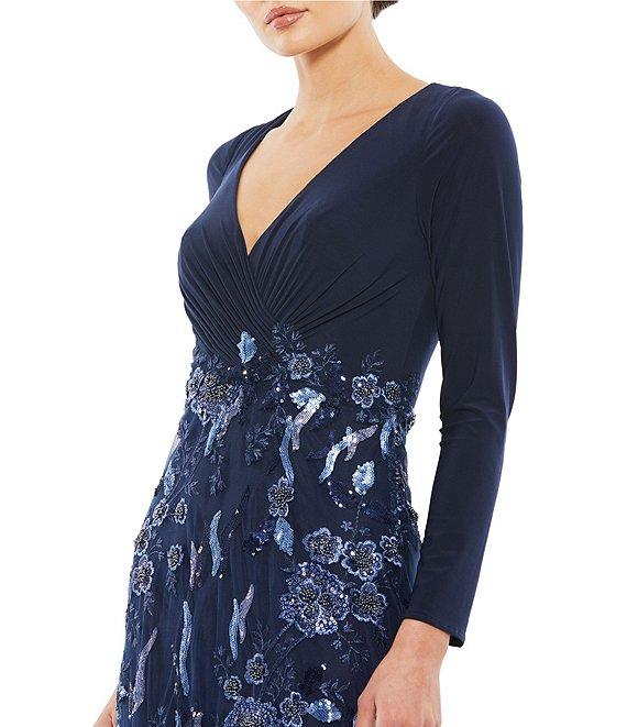 Mac Duggal V-Neck Long Sleeve Embellished Floral Applique Gown Product Image