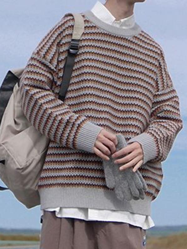 Men's Vintage Striped Crew Neck Knit Sweater Product Image