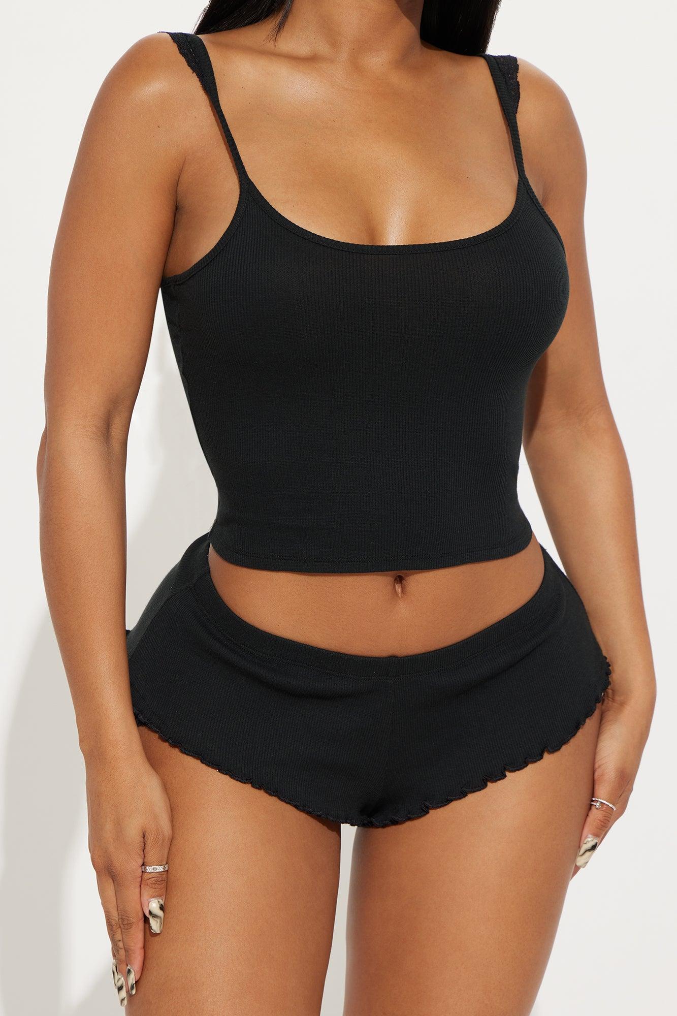 Midnight Moods Ribbed Cami Flutter PJ Short Set - Black Female Product Image