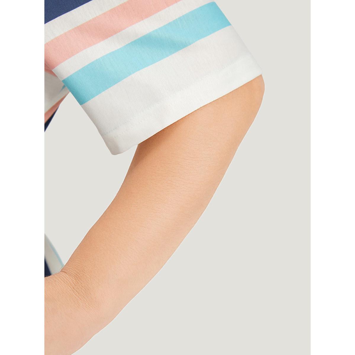 Plus Size Striped Belted V Neck Pocket Arc Hem Dress Indigo Women Casual Belted V-neck Short sleeve Curvy Midi Dress BloomChic 14-16/1X Product Image