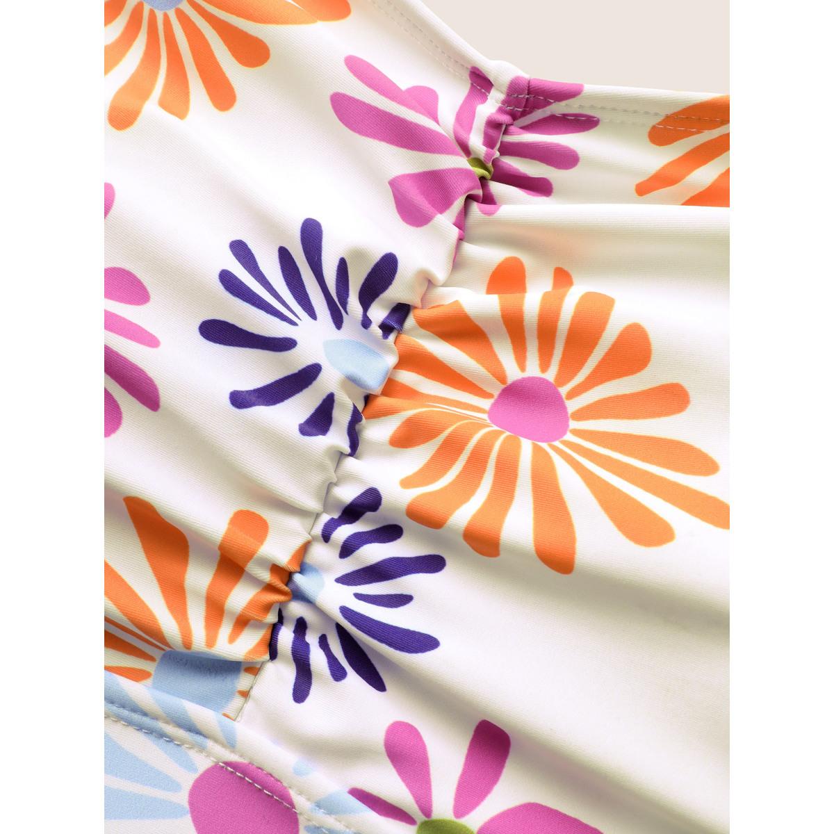 Plus Size Floral Heart Neckline Ruched Swim Dress Women's Swimwear Originalwhite Beach Bodycon Heart neckline High stretch Curve Swim Dresses BloomChic 12/L Product Image