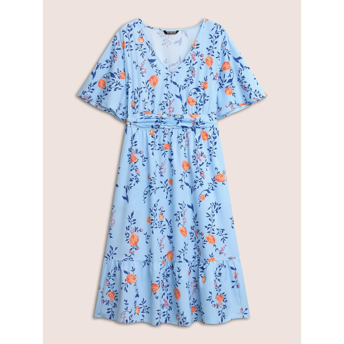 Plus Size Citrus Orange Print Ruched Ruffle Sleeve Dress LightBlue Women Elegant Gathered V-neck Short sleeve Curvy BloomChic 18-20/2X Product Image