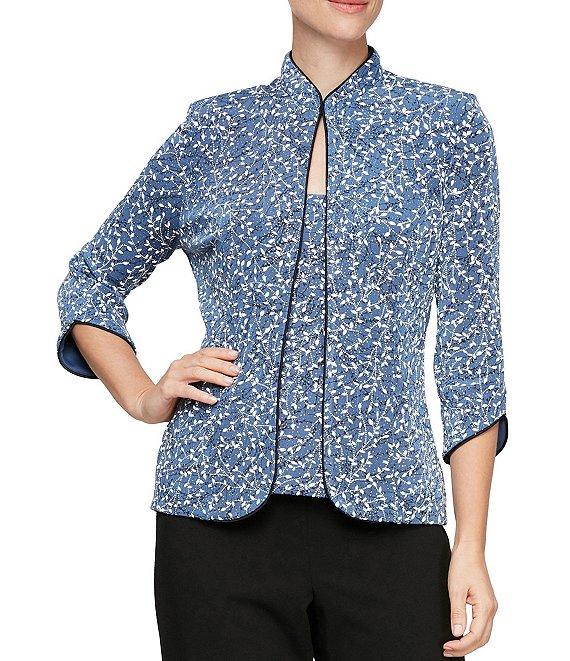 Alex Evenings Mock Neck 3/4 Sleeve Piping Glitter Embellished Printed 2-Piece Twinset Product Image