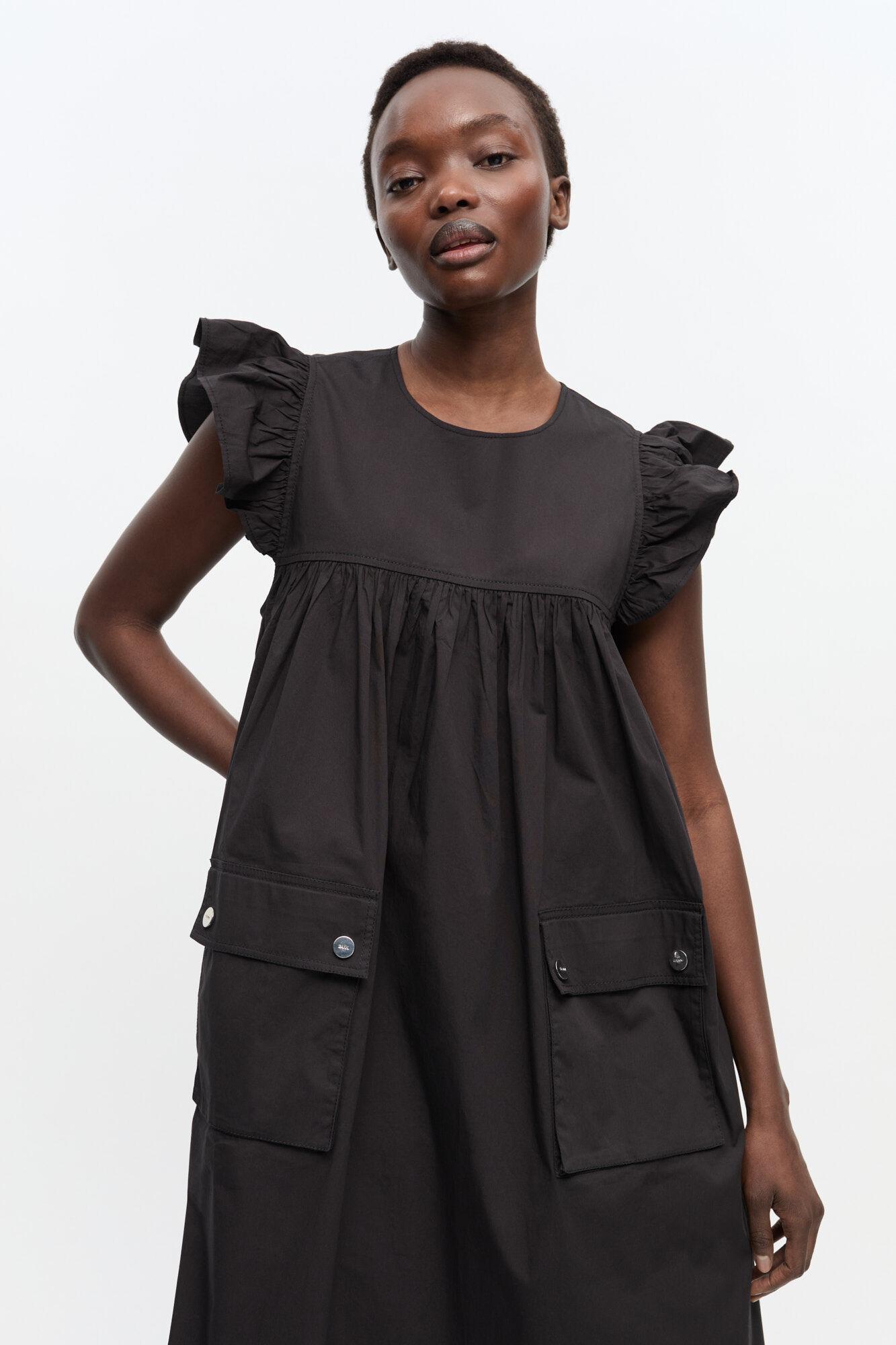 Black Stretch Cotton Frill Sleeve Dress Product Image