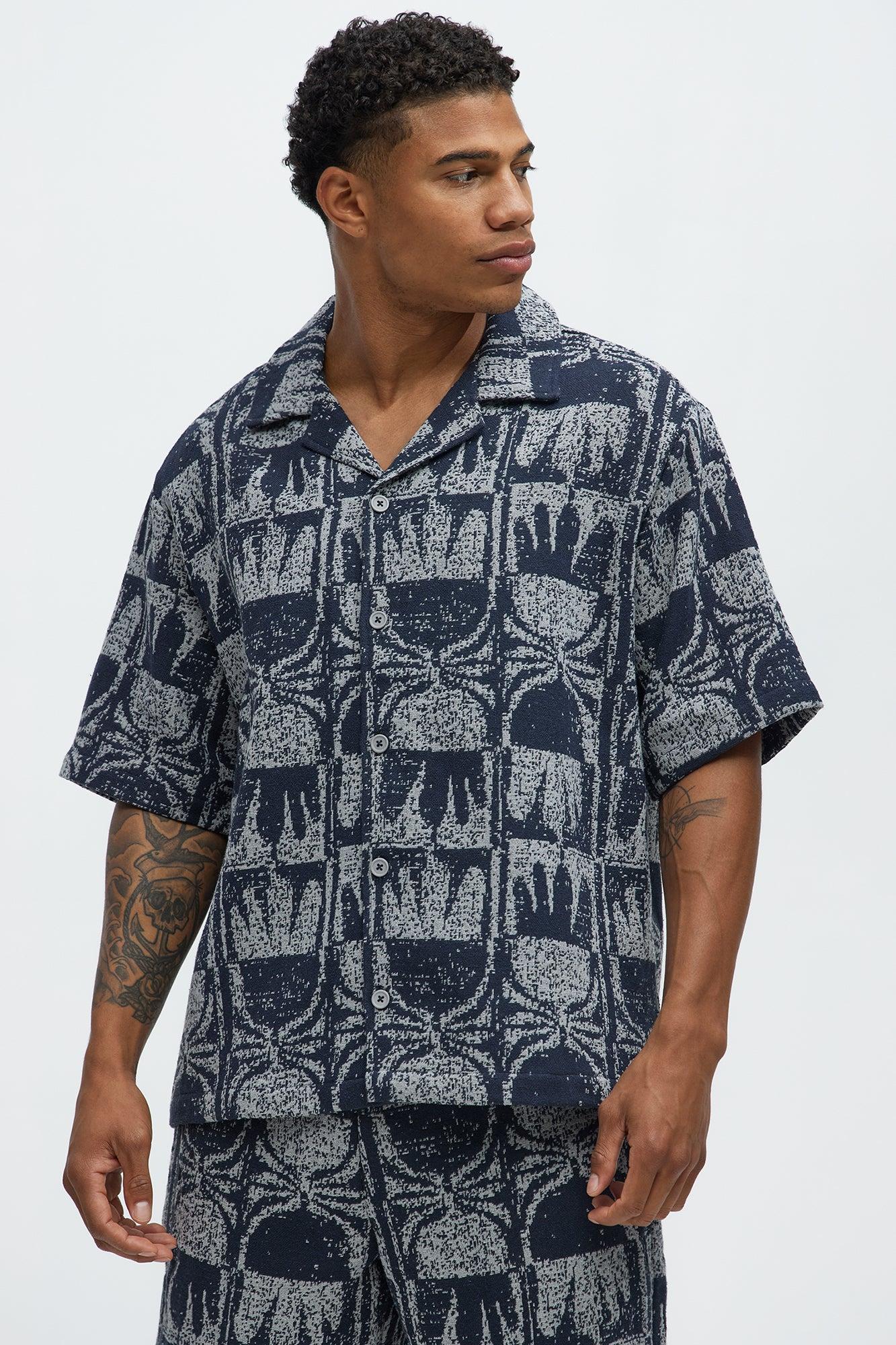 Tribal Pattern Cuban Button Down Shirt - Navy/combo Product Image