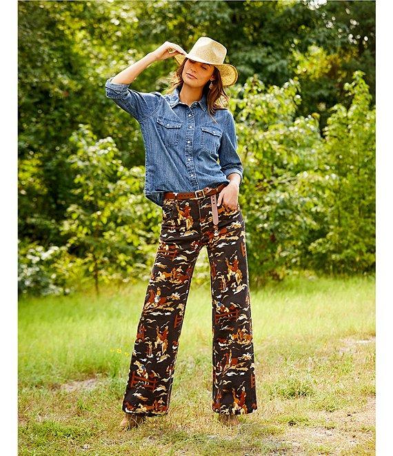 Reba Rodeo Cowboy Western Print Denim Twill High Rise Wide Leg Denim Jeans Product Image