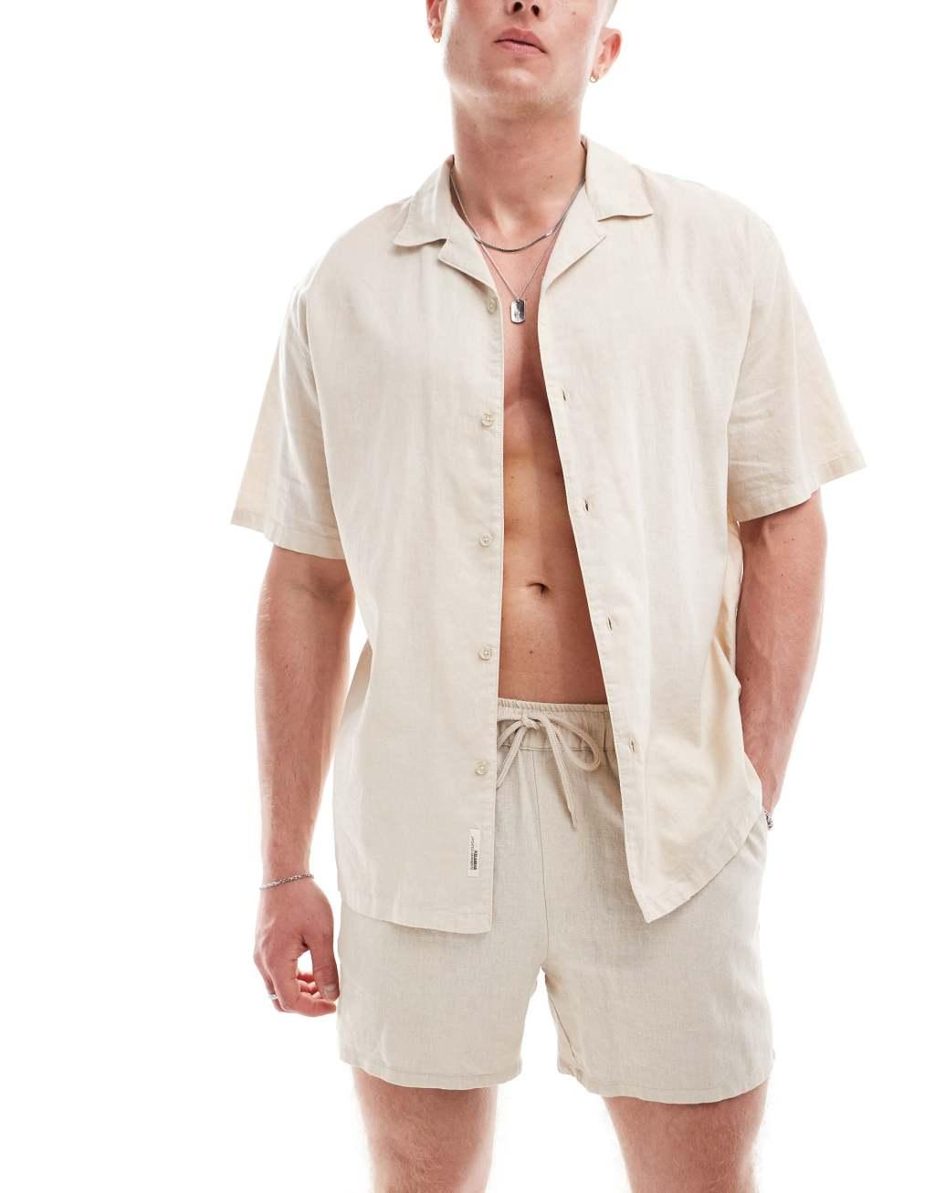 Pull&Bear linen mix camp collar shirt in sand Product Image