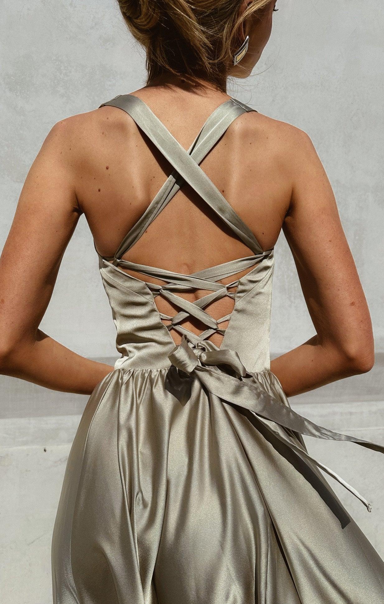 Abigail Maxi Dress ~ Moss Green Luxe Satin Product Image