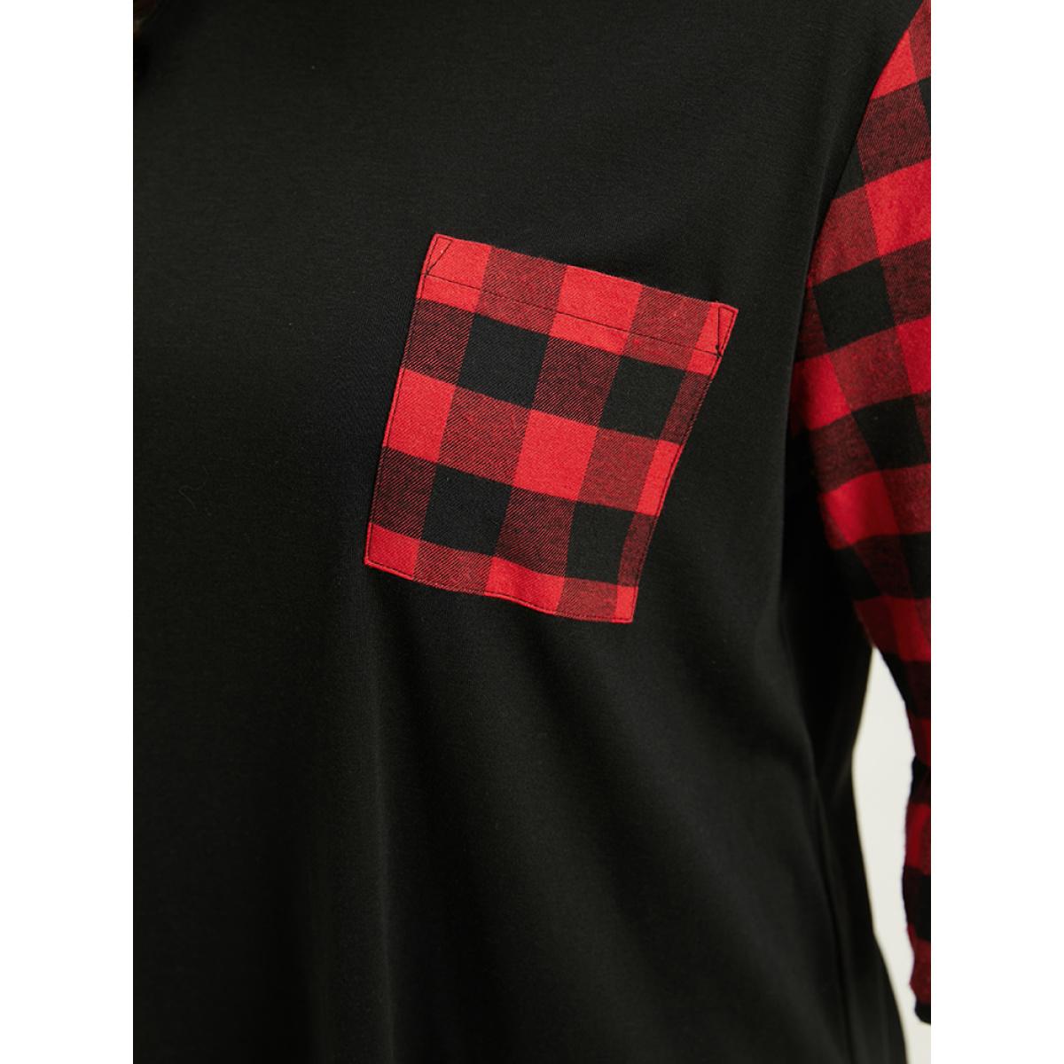 Plus Size Plaid Patched Pocket Patchwork Contrast Bell Sleeve T-shirt Black Women Casual Contrast Plaid Round Neck Dailywear T-shirts BloomChic 14-16/1X Product Image