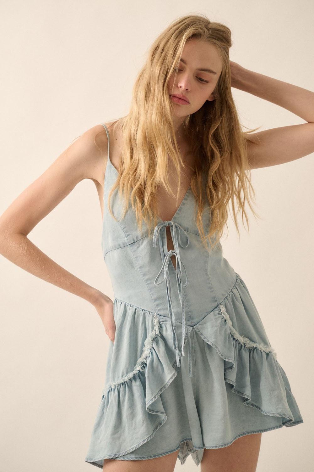 Light Denim Ruffle Tie-Front Romper Product Image