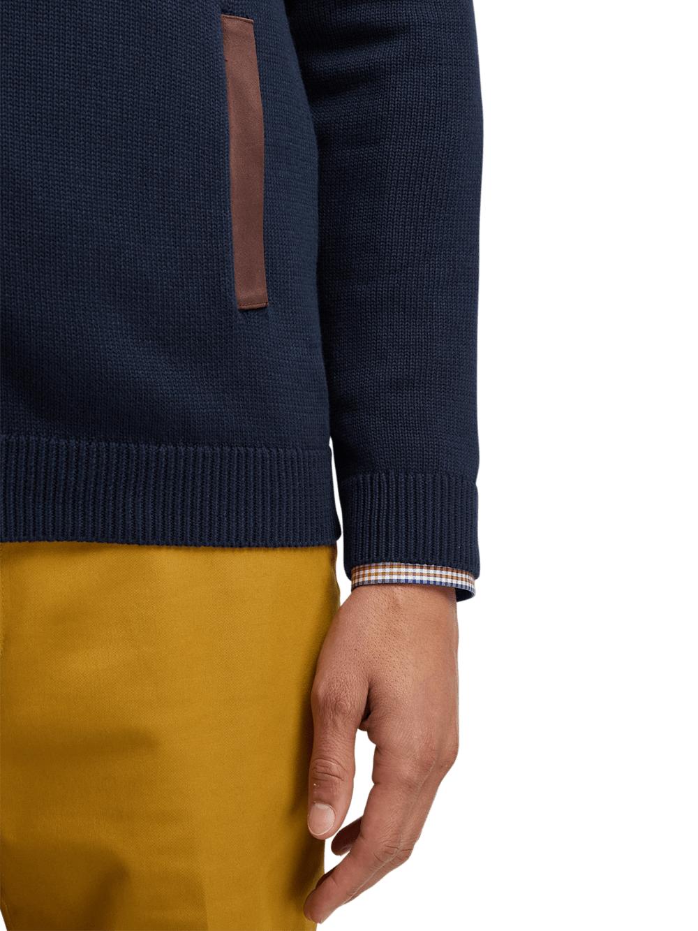 Cotton Full Zip Mock Neck Sweater - Navy Product Image