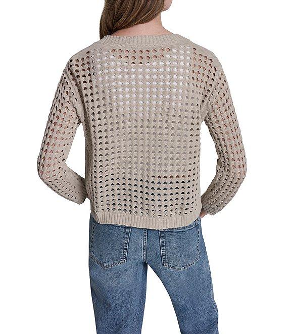DKNY Jeans by Donna Karan Open Stitch Cotton Crew Neck 3/4 Sleeve Open Front Cardigan Product Image